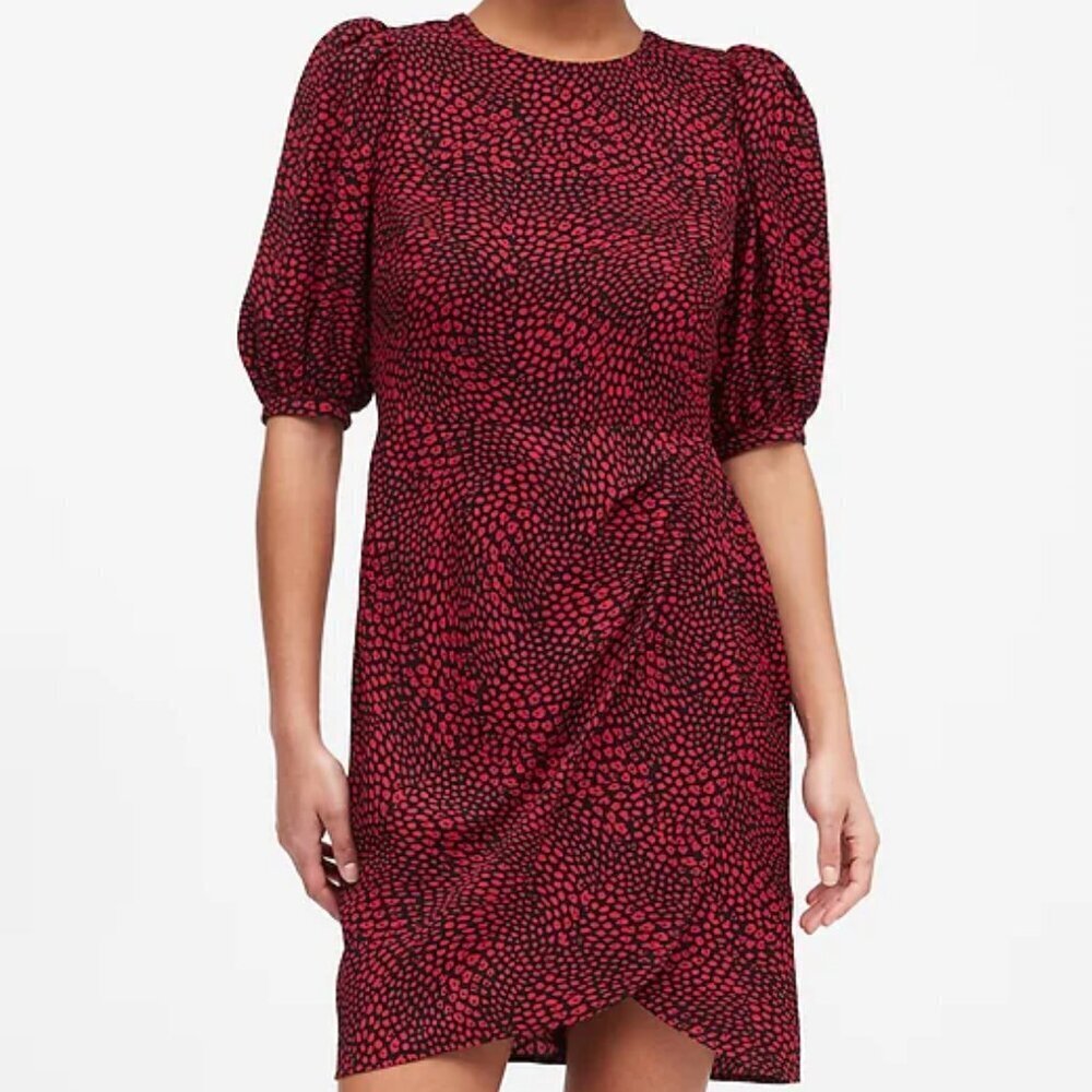 Banana Republic Red & Black Animal Print Dress | Puff Sleeve Mini Size 0